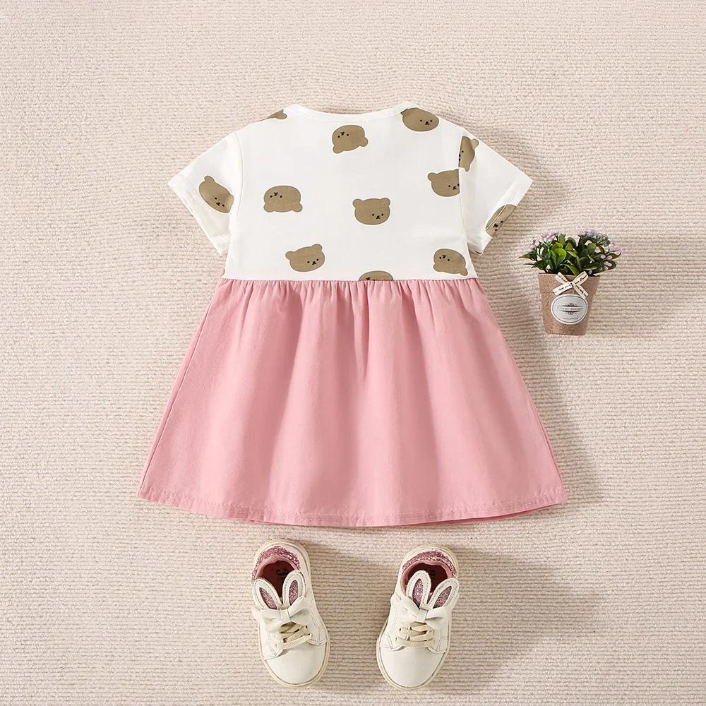 Robe d'été en coton pour petites filles, imprimé ours en peluche, manches courtes, fausse robe à bre