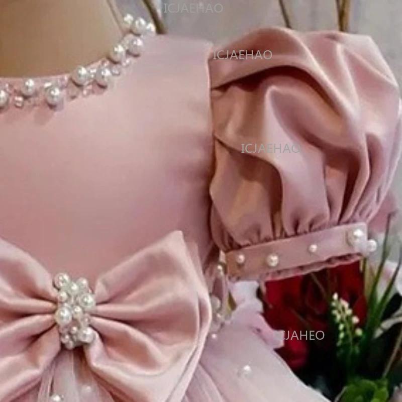 Robe de princesse rose à manches bouffantes 2026 pour fête d'anniversaire, faite à la main avec nœud