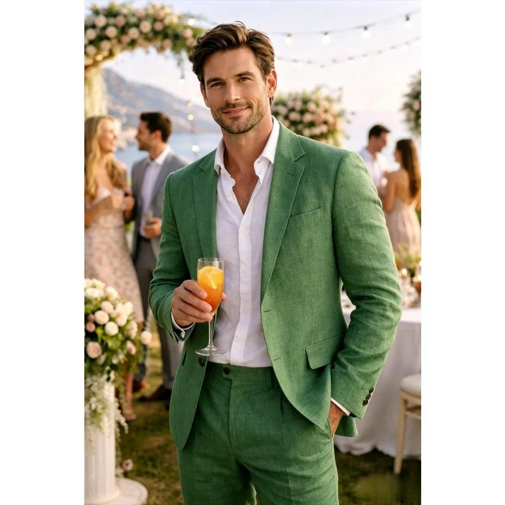 Costume Homme Lin Beige 2 Pièces Léger Été Blazer et Pantalon Coupe Slim pour Bal de Promo Mariage F