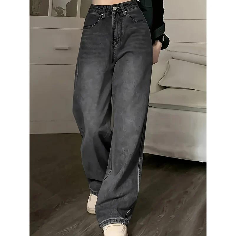 Jean taille haute pour femme, streetwear, designer, jambe large, gris classique, gothique, pantalon