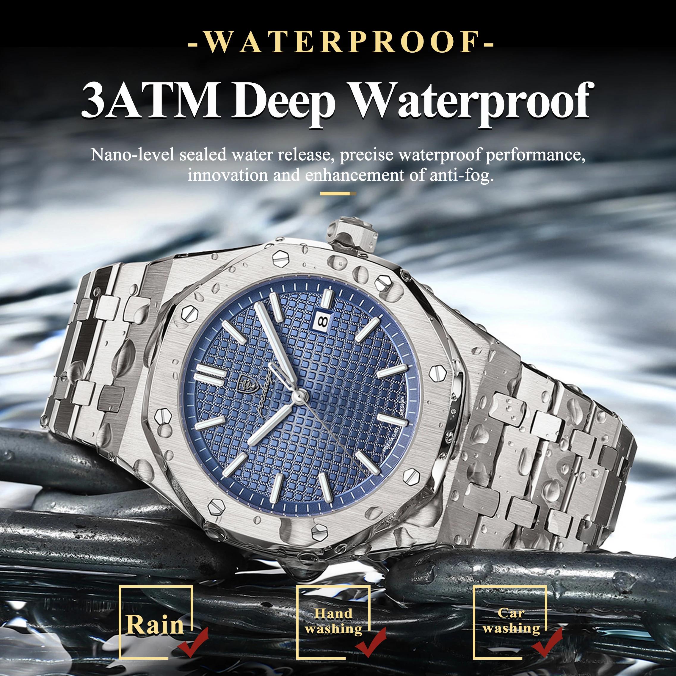 POEDAGAR Original luxe homme montre Date lumineux étanche en acier inoxydable hommes montre-bracelet