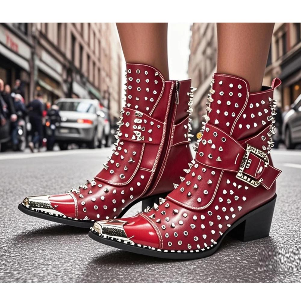 Bottes en cuir pointues à talons hauts pour hommes, chaussures de qualité, rivet, personnalité, chan