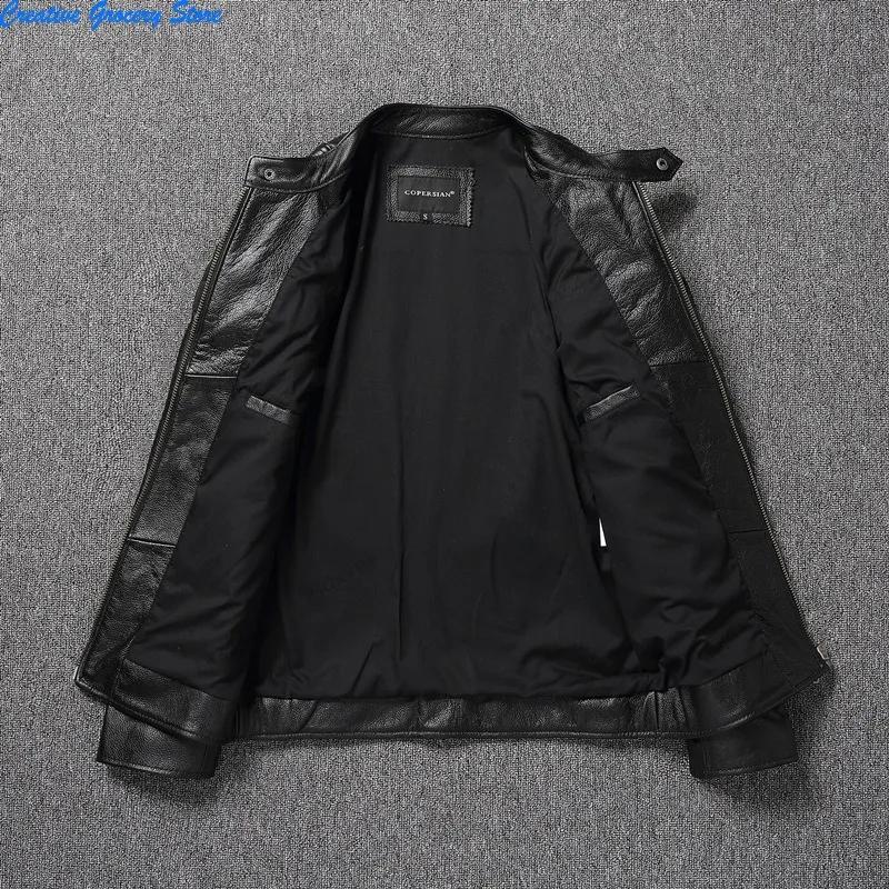 Veste de moto en cuir de vache pour hommes, col montant, mode, couleur unie, ample, polyvalente, déc