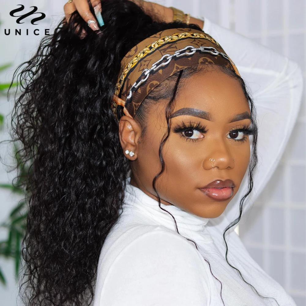 Perruque 100% cheveux naturels ondulés-UNice, prêt à porter, sans colle, avec écharpe