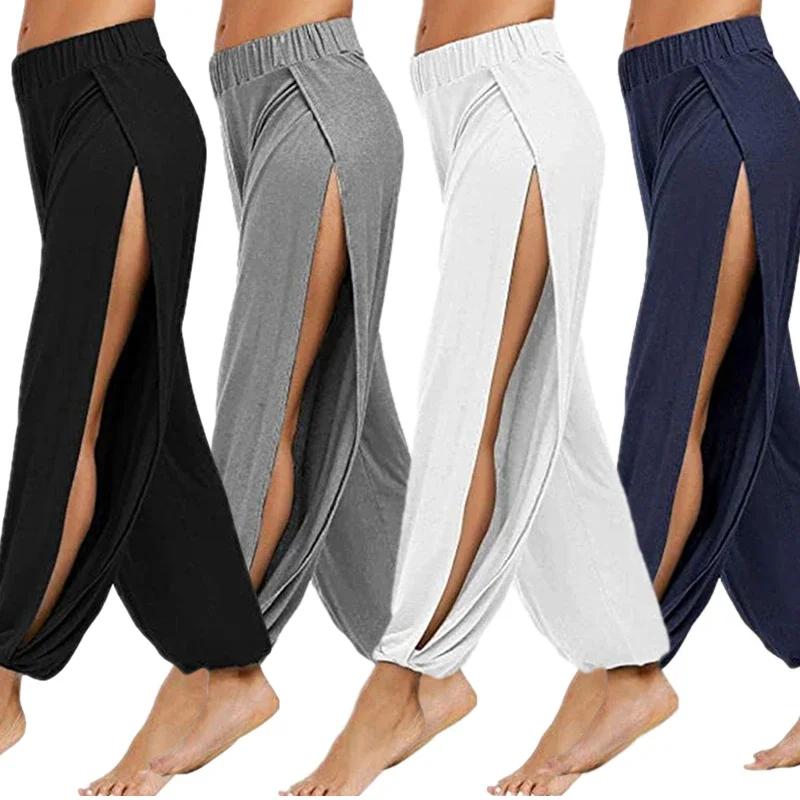 Pantalon Haren d'été à fente haute pour femmes, pantalon de sport, de Yoga, couleur unie, ample, Hip