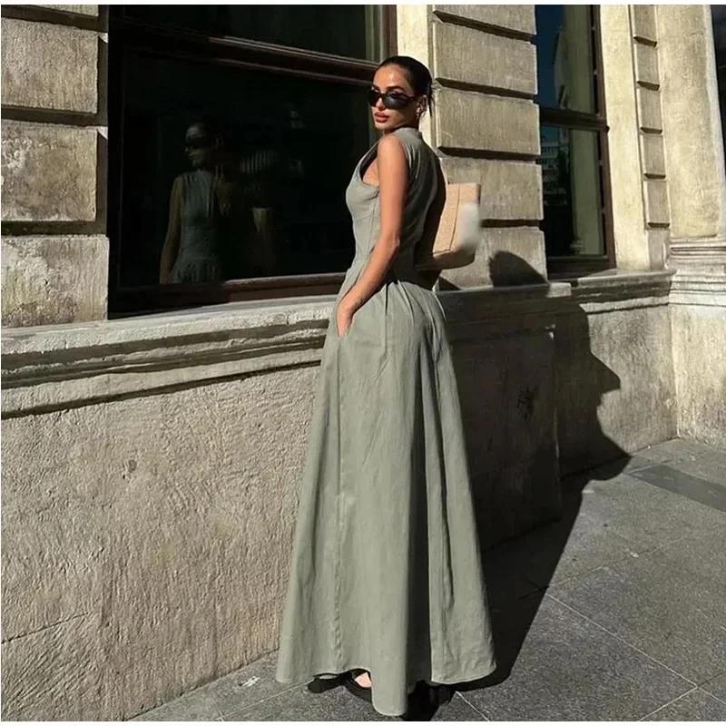 MUJER 2025 robes longues drapées pour femmes fermeture éclair sans manches robe Maxi femme vacances