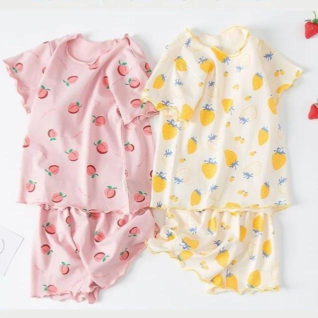 Ensemble pyjama d'été pour filles, imprimé fraises, short et t-shirt pêches roses, vêtements d'intér