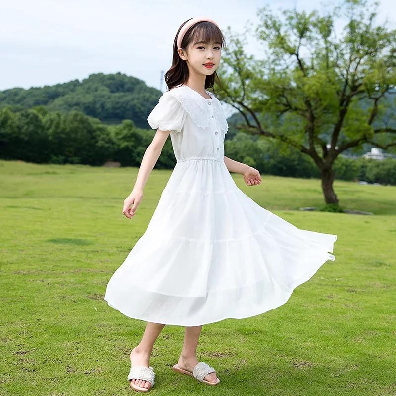Robe de princesse en mousseline de soie pour adolescentes, vêtements éducatifs en dentelle blanche,