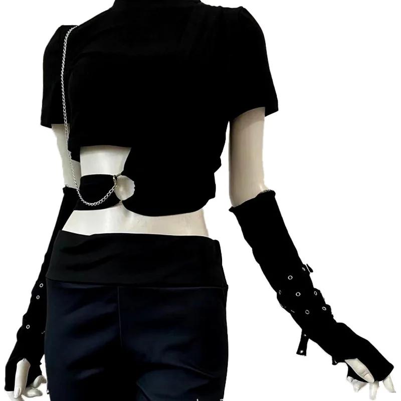 Mancommuniste gothiques noires unisexes, manchette de protection solaire, gants à demi-doigts Haraju