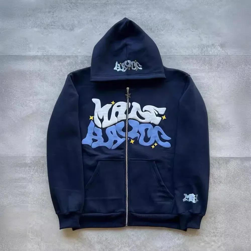 Sweat-shirt à capuche imprimé avec lettres américaines rétro pour homme, cardigan ouvert unisexe pou