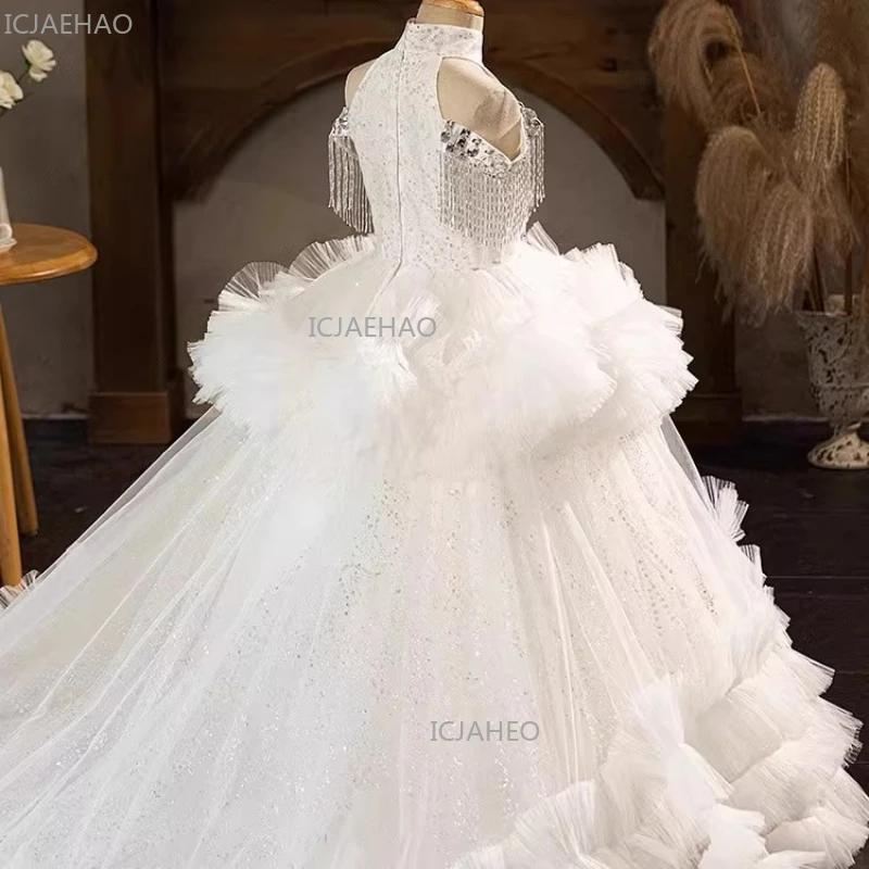 Robe de princesse blanche pour filles, robe de soirée bouffante en Tulle, longue robe de concours, s