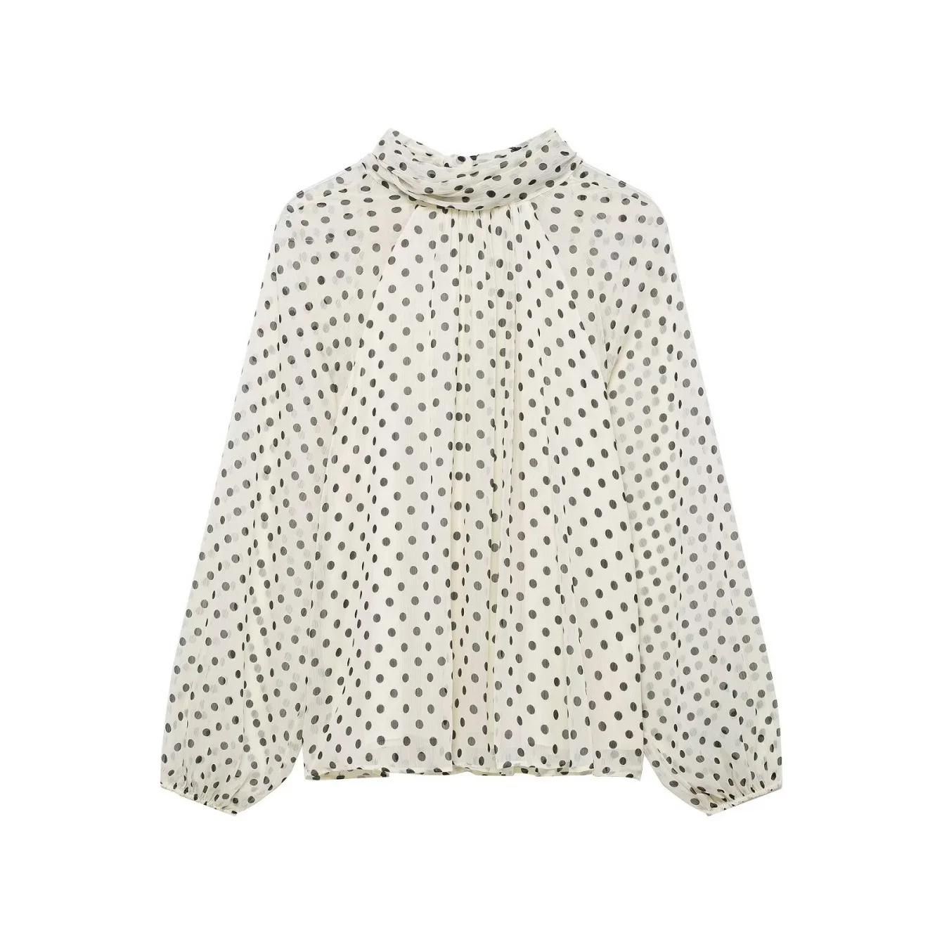 Chemise à manches longues à pois pour femmes, mode printemps automne, chemise à nœud à lacets, chemi