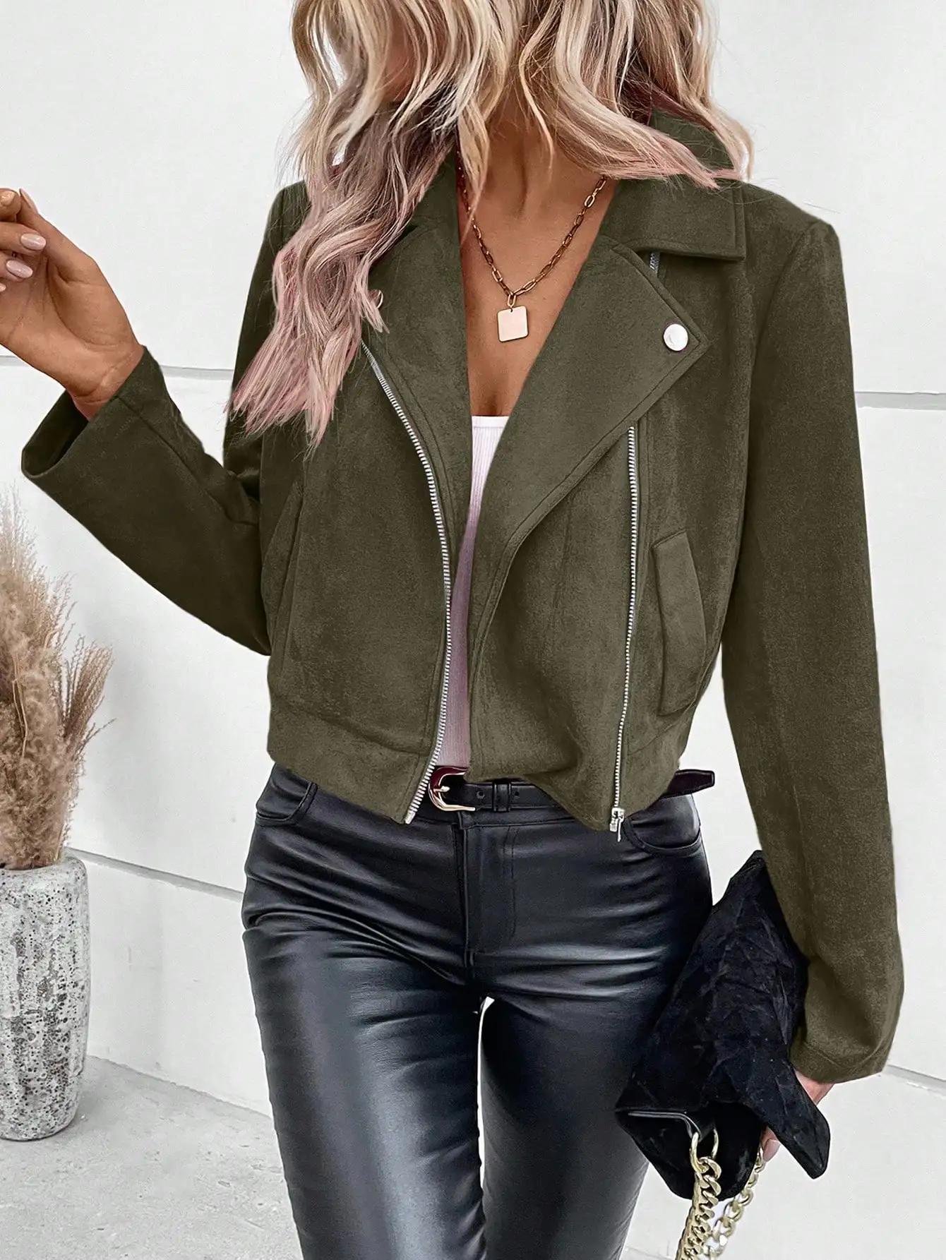 Faux daim femmes Jakcet fermeture éclair mouche revers boutons moto veste en cuir coupe-vent haute r