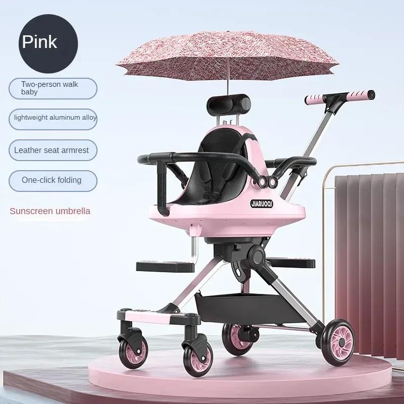 Poussette double légère Portable d'extérieur, poussette double à quatre roues à vue élevée avec Para