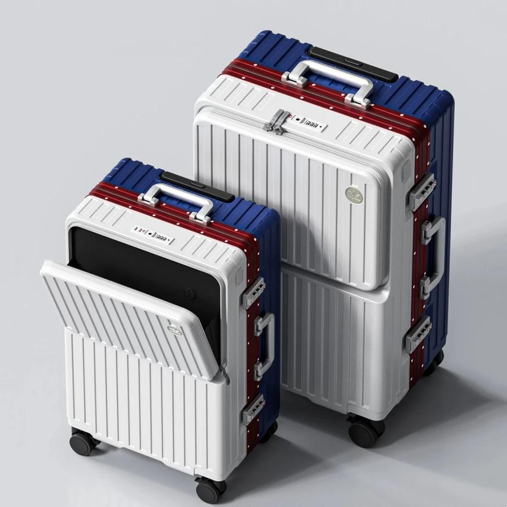 Valise à ouverture frontale en PC avec cadre en aluminium, serrure TSA, porte-gobelet et port de cha