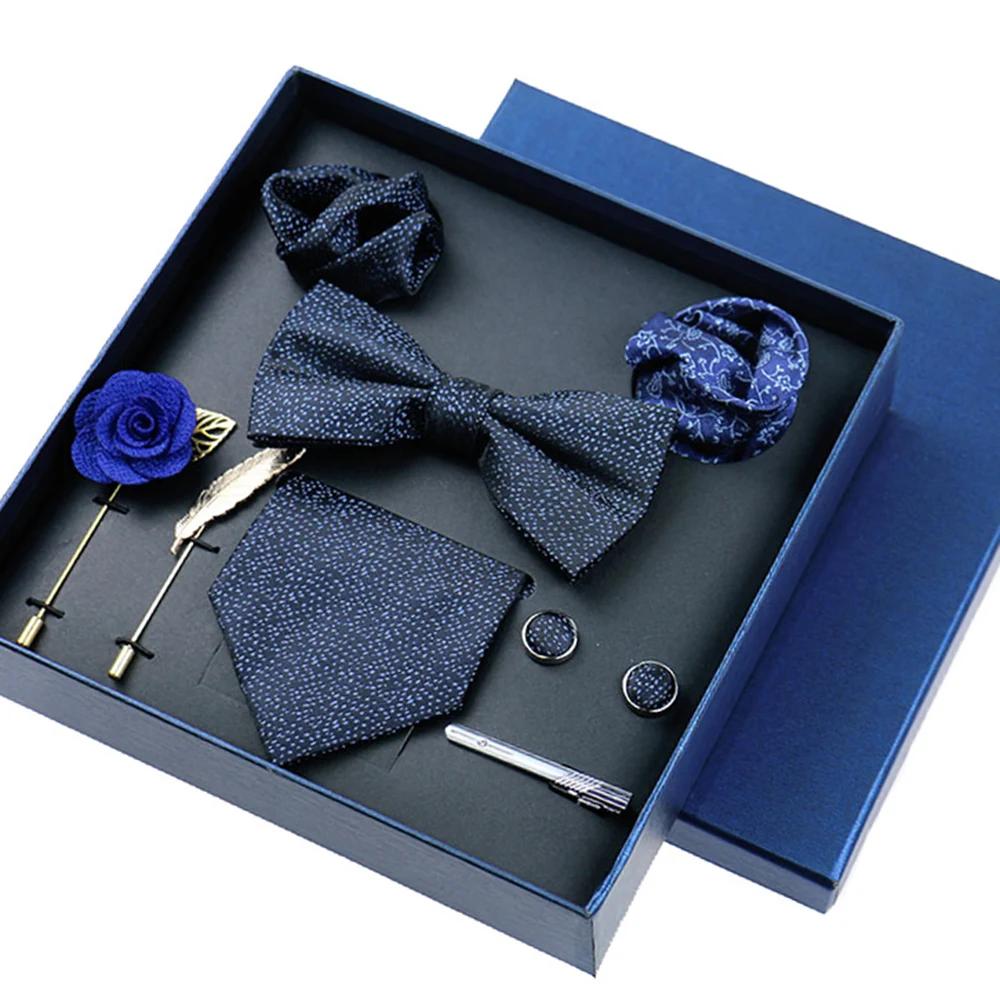 Ensemble de 8 pièces d'affaires, cravates bleues pour hommes, broches florales, boutons de manchette