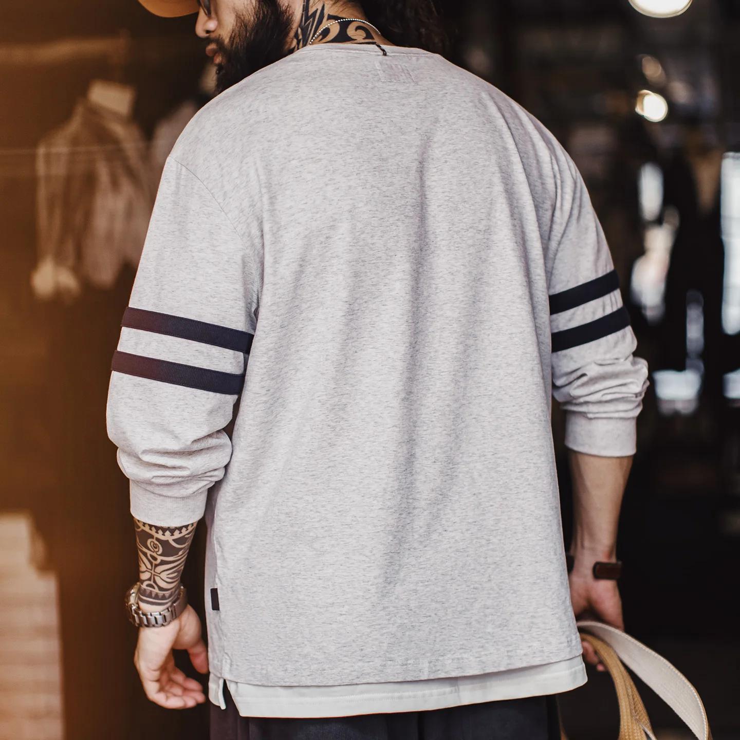 Sweat-shirt rétro à rayures brodées pour hommes, gris, léger, col rond, manches longues, pull en tri