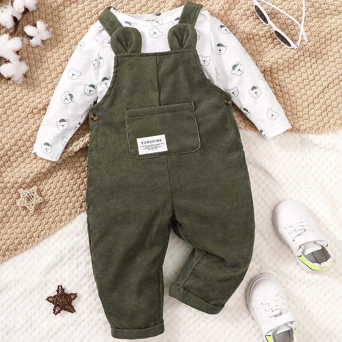 Ensemble vêtements bébé petit ours college - Haut manches longues pantalon bretelles vert blanc 3-24 mois
