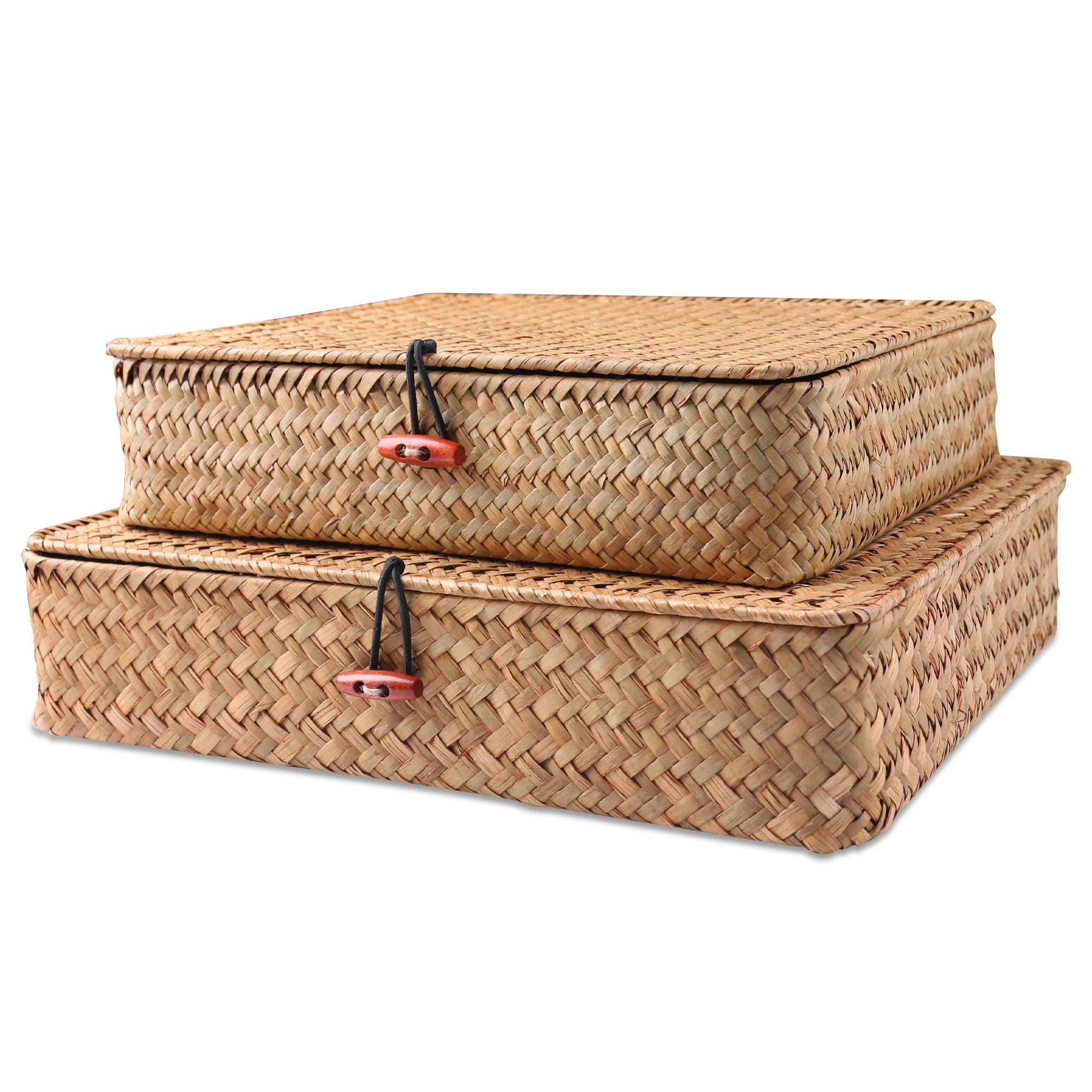 Paniers en jonc de mer avec couvercle, 2 pièces, panier de rangement en osier, bacs de rangement pla