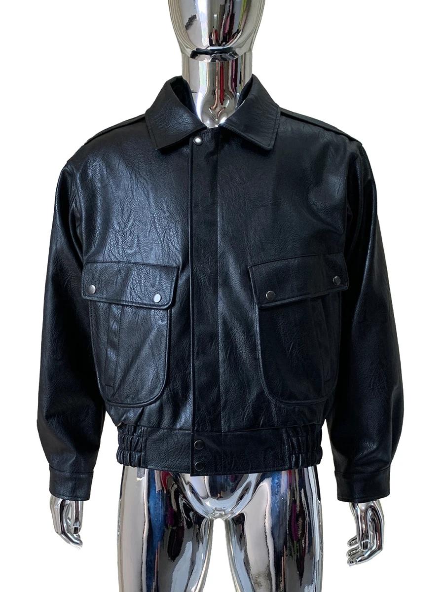 Veste courte en cuir Pu pour hommes, Cool, jaune vif, col rabattu, rouge, luxe, mode européenne, vêt