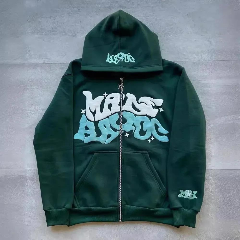 Sweat-shirt à capuche imprimé avec lettres américaines rétro pour homme, cardigan ouvert unisexe pou
