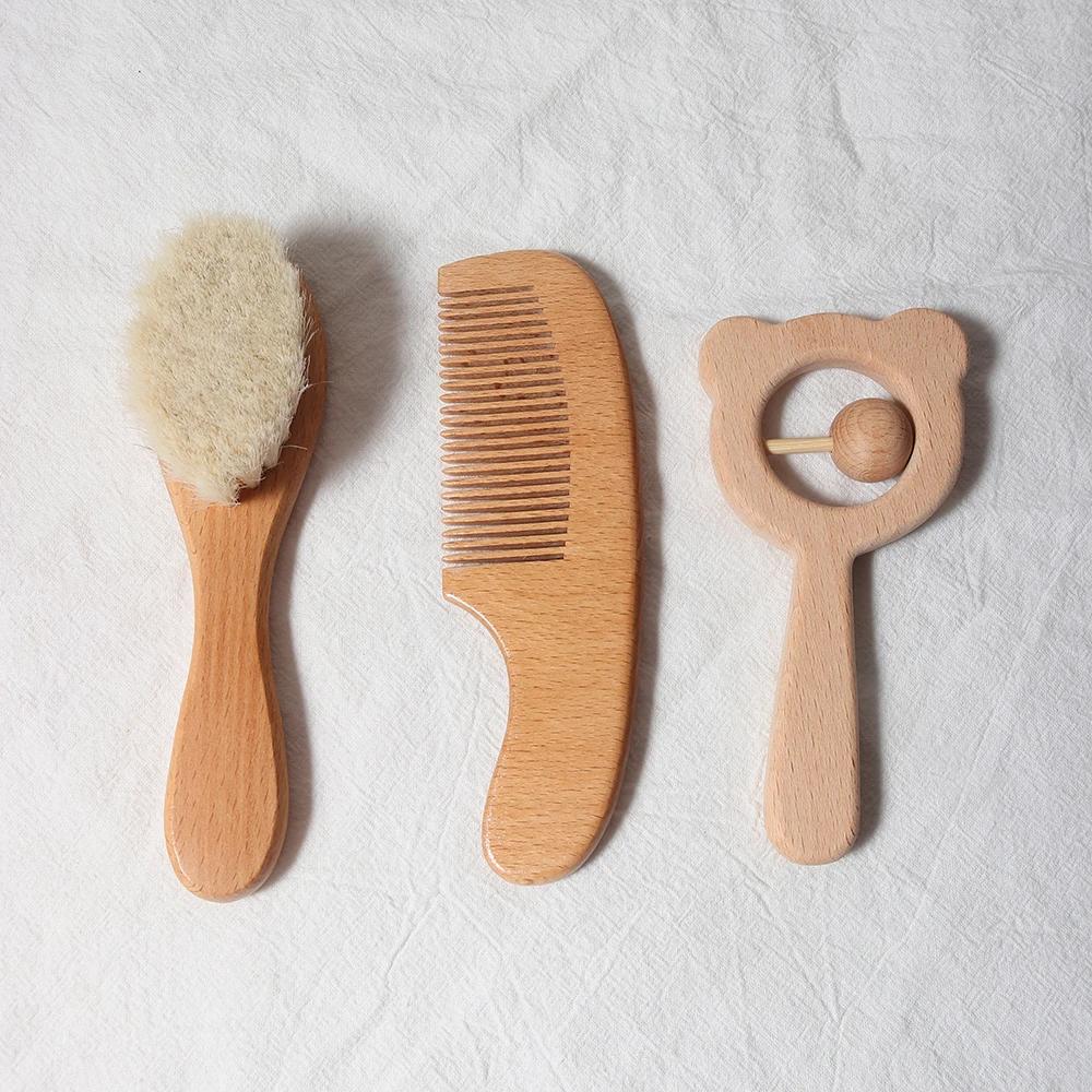 Ensemble de brosses et peignes pour bébé, coffret cadeau pour nouveau-né, laine naturelle, hêtre, pe