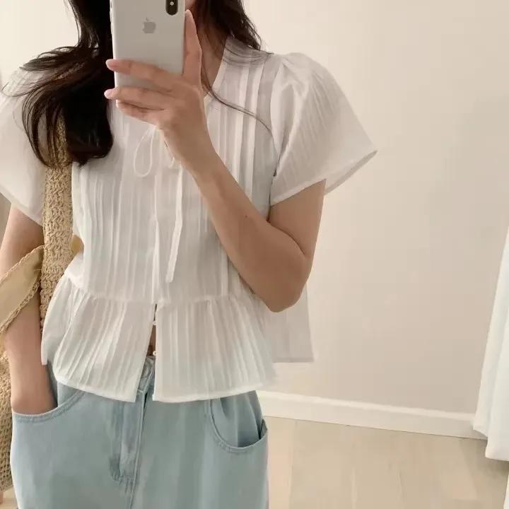 Coréen Sle doux Simple minceur ort Sve rond Ne irt haut pour femme Faionable trajet coupe ample humi