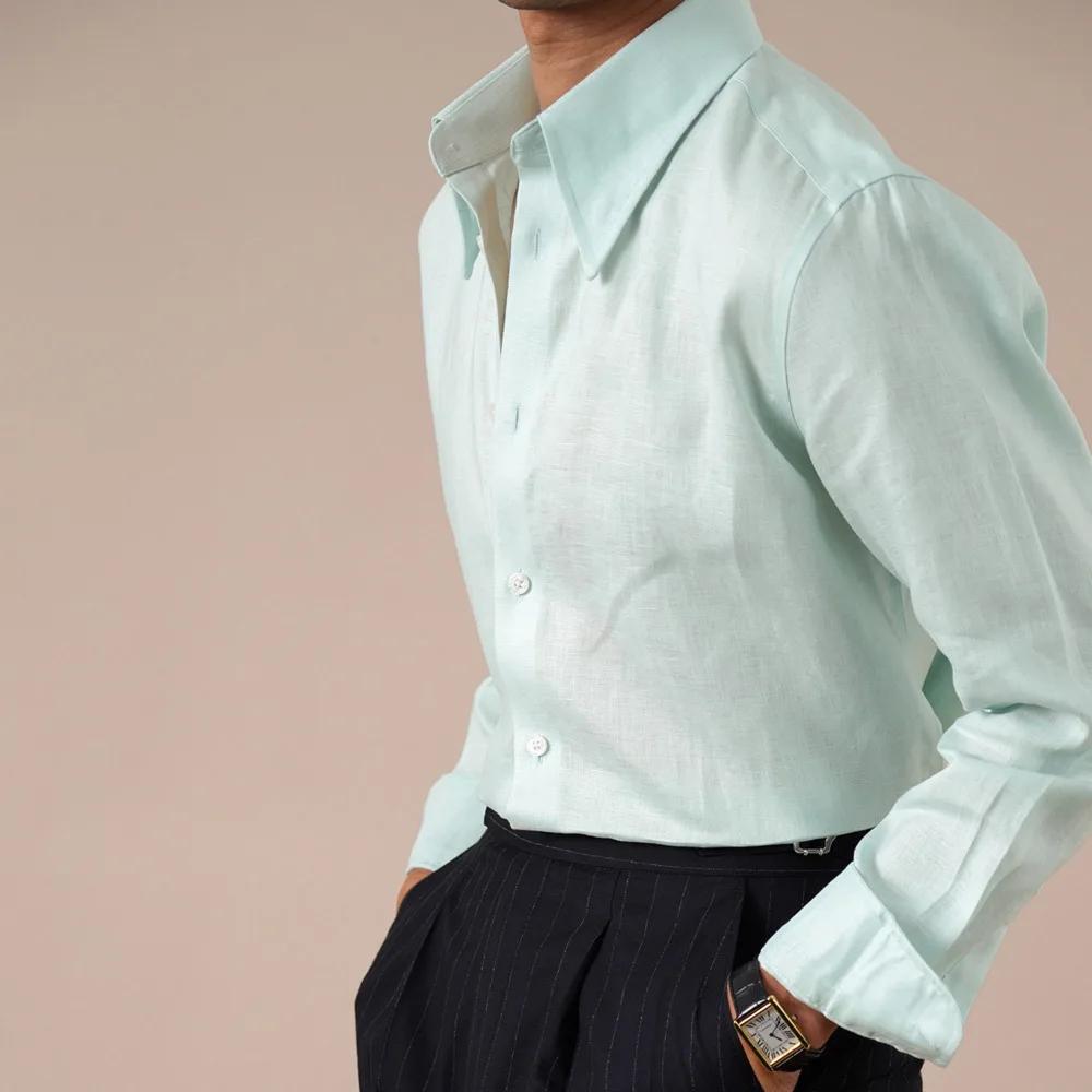Chemises pour hommes 100% lin de haute qualité, manches longues, col italien pointu, respirantes, ch