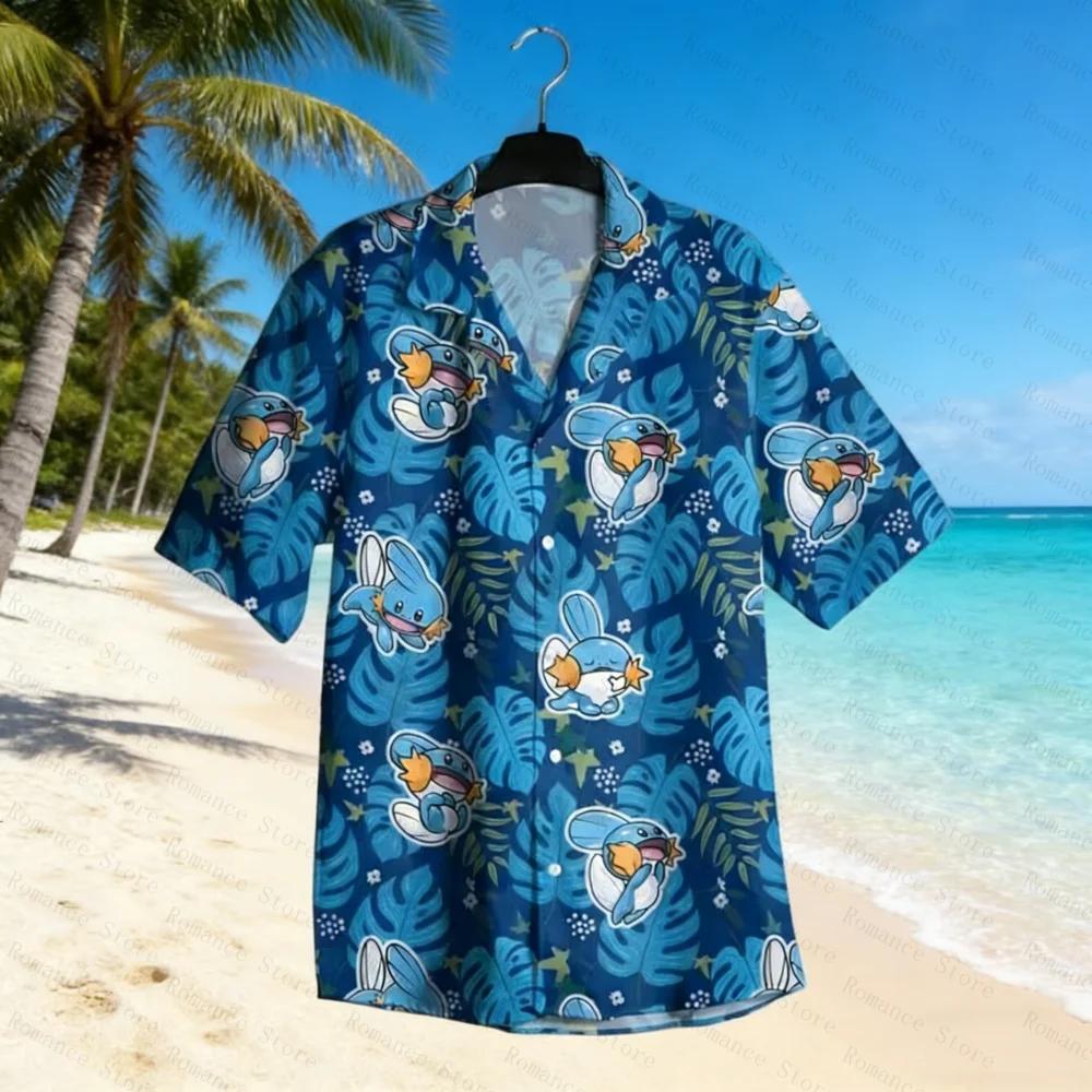 Chemise hawaïenne Psyduck, chemise boutonnée tropicale verte, tenue de plage d'été amusante unisexe,