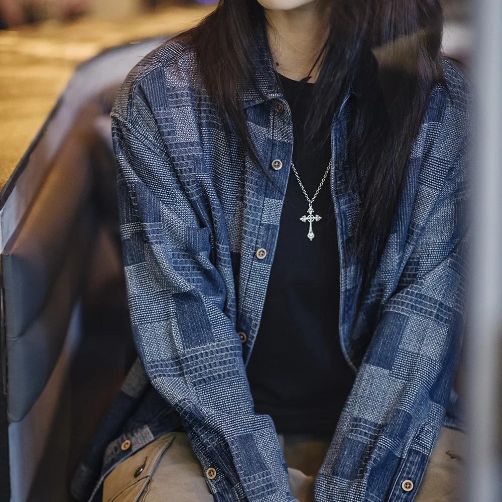 Maden-Veste en jean rétro américaine pour femme, style Boro, chemises à manches longues, printemps e