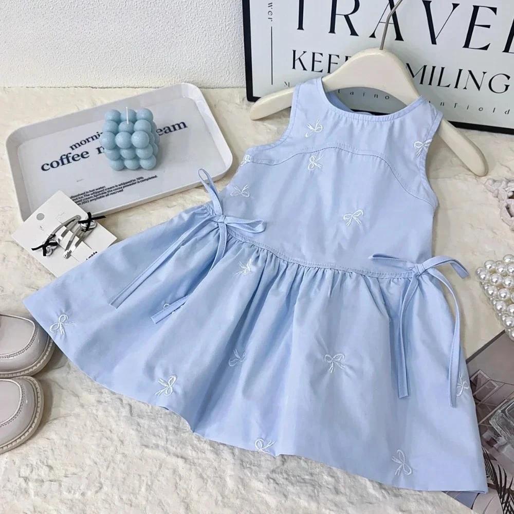 Robe d'été pour filles, sans manches, avec nœud doux, décoration, ligne a, 1 pièce, vêtements décont