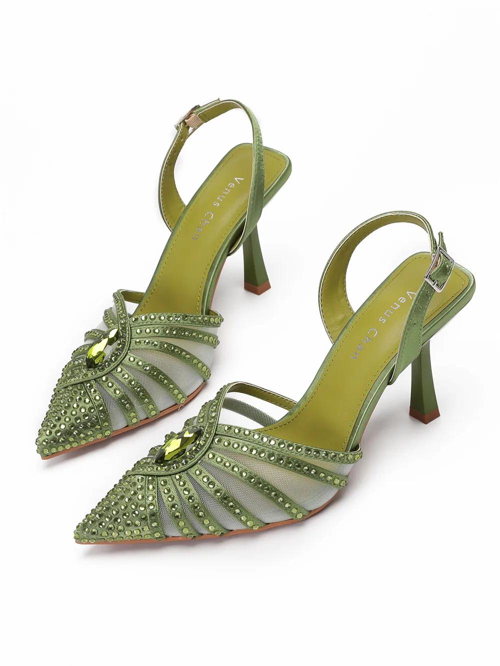 Ensemble de sacs à main élégants à talons verts et strass pour femmes, vert fruit, Design italien po