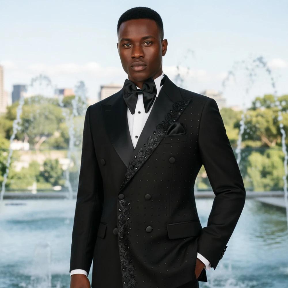 Costume Homme Perlé Brodé Noir Texturé Croisé Coupe Slim Formel pour Mariage, Bal de Promo, Dîner, S