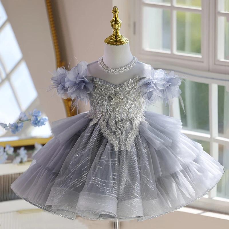 Robe de bal princesse grise pour filles, robe de fête d'anniversaire pour enfants, hôte de spectacle