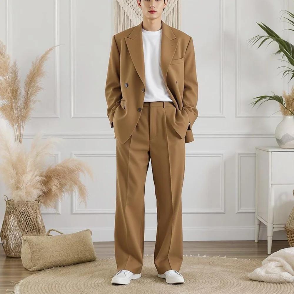 Veste et pantalon classiques à Double boutonnage pour hommes, couleur unie, coupe ample, décontracté
