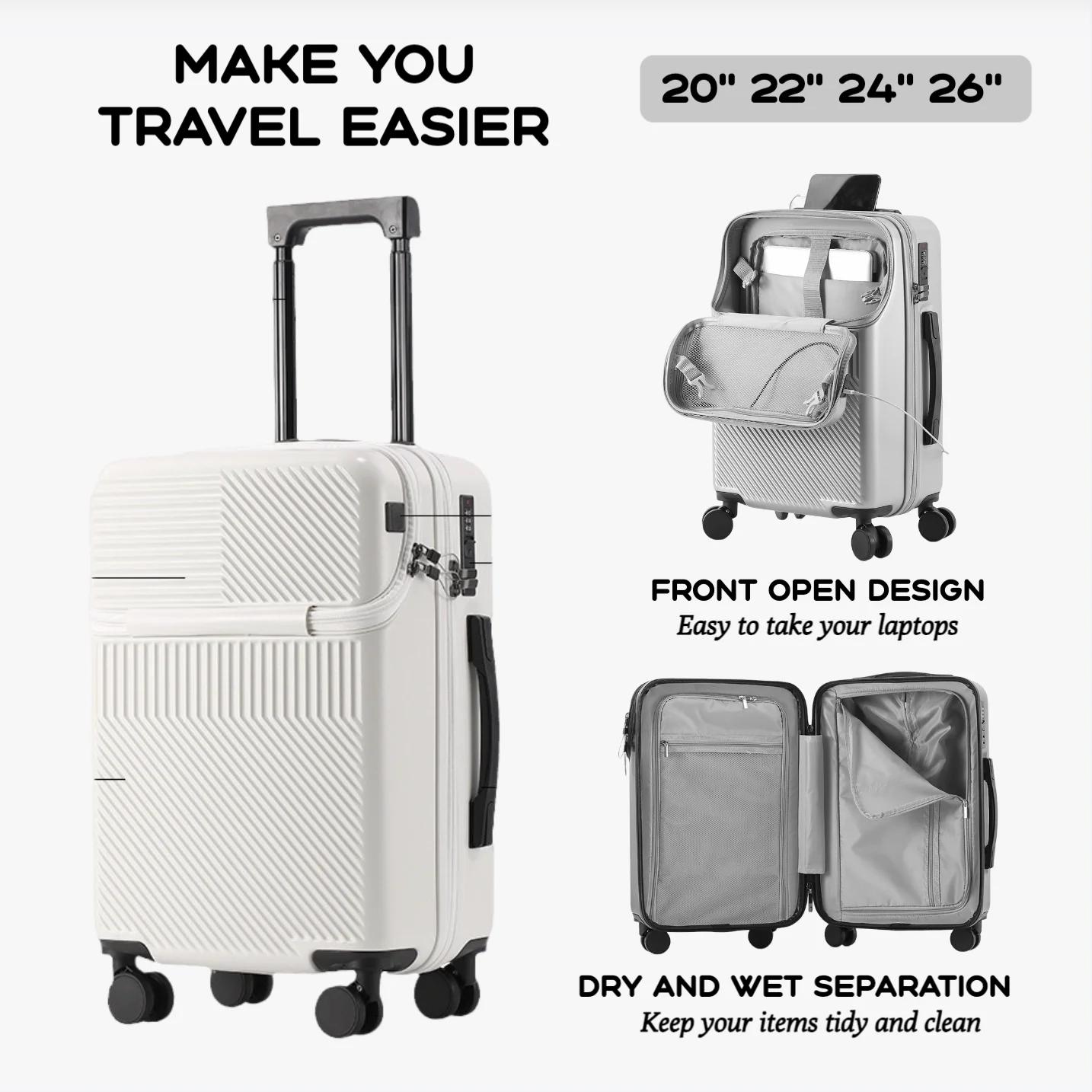 Ensembles de bagages de grande capacité pour hommes, valise, avant ouvert, chargement USB, bagage à