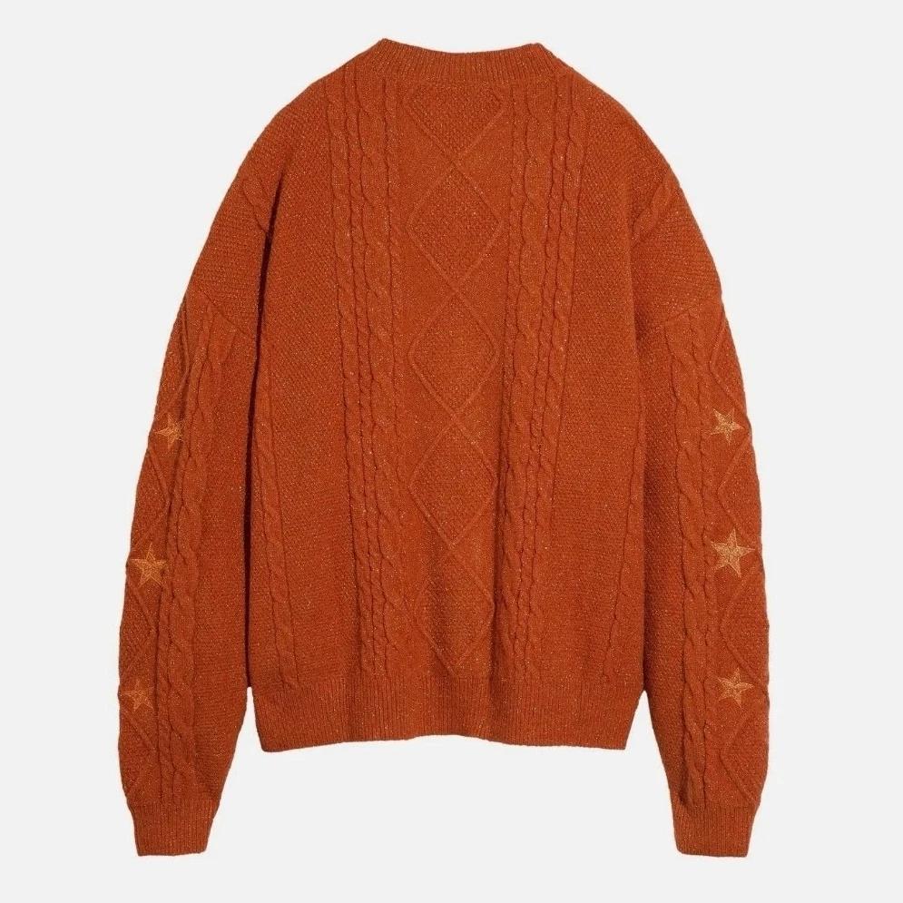 Cardigan TS scintillant pour femmes, pull en tricot épais Orange avec broderie d'étoiles, fil doré,