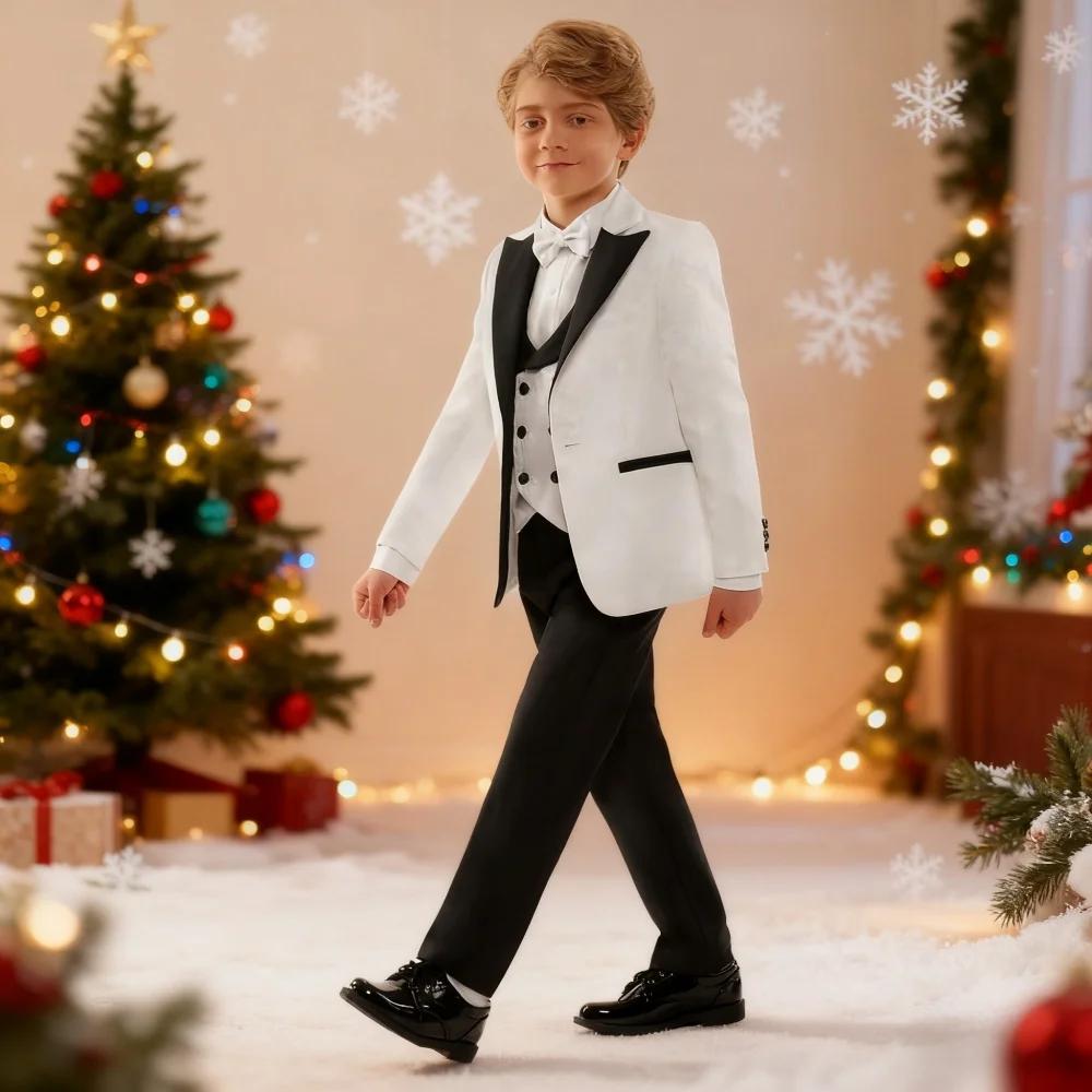 Costume formel élégant texturé blanc et noir pour enfants, smoking à fleurs pour garçon, pour mariag