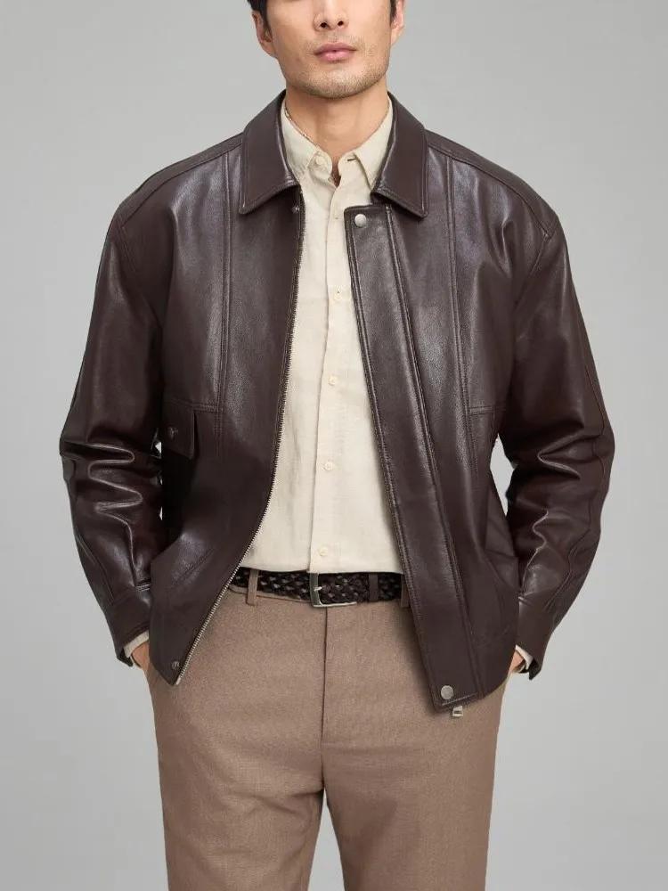 Nouveau Designer extérieur hommes en peau de mouton en cuir véritable vestes manteau col rabattu man