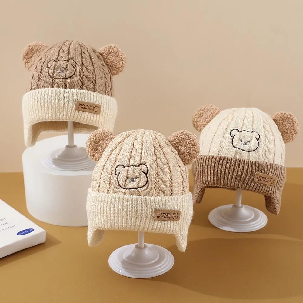 Chapeau de bébé ours mignon, Protection des oreilles, pour enfants, hiver, épais, chaud, tricoté, Ve