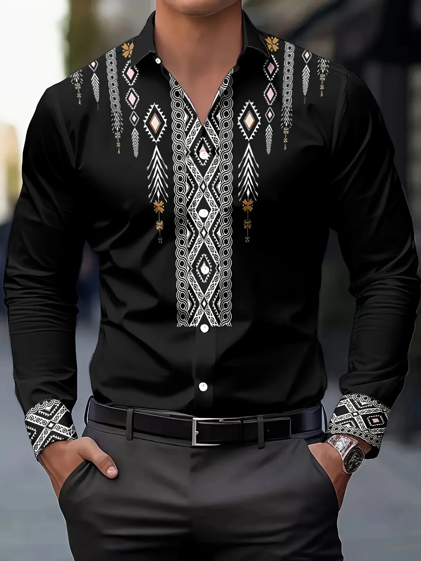 Chemise décontractée à imprimé ethnique pour hommes – Boutonnée respirante à manches longues avec mo
