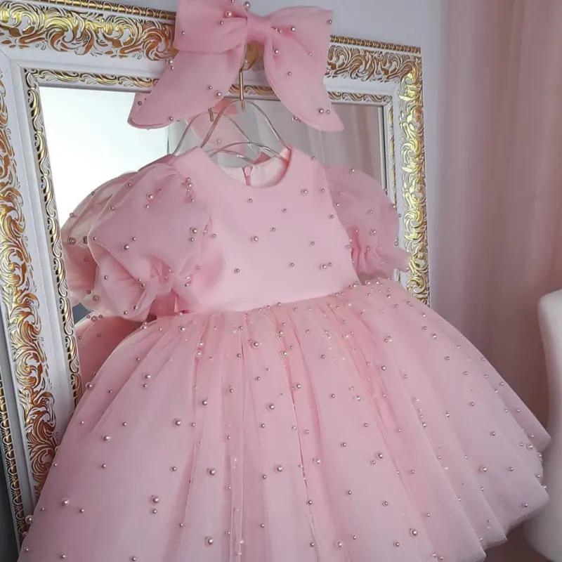 Robe de princesse tutu perlée pour bébé fille, manches bouffantes, nœud en tulle, vêtements de fête