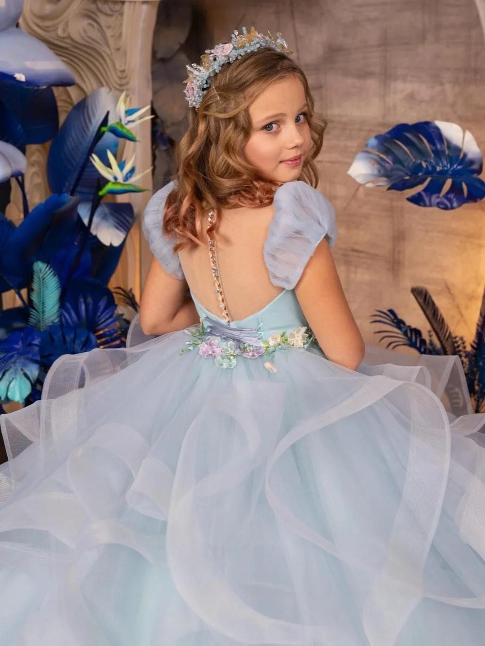 Robes de filles en tulle bleu ciel pour mariage, élégantes et douces, à col rond et manches bouffant
