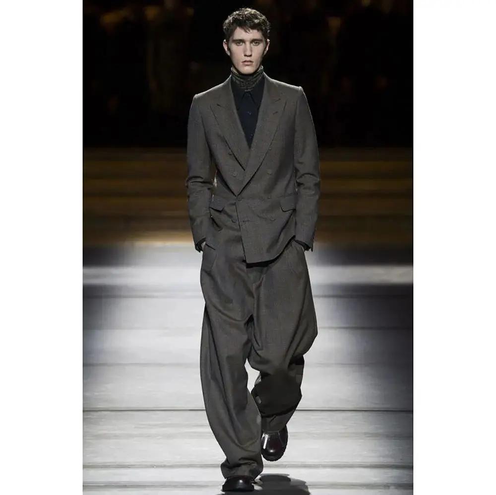 Smoking gris foncé à double boutonnage pour homme, blazer et pantalon, revers Patricia, style décont