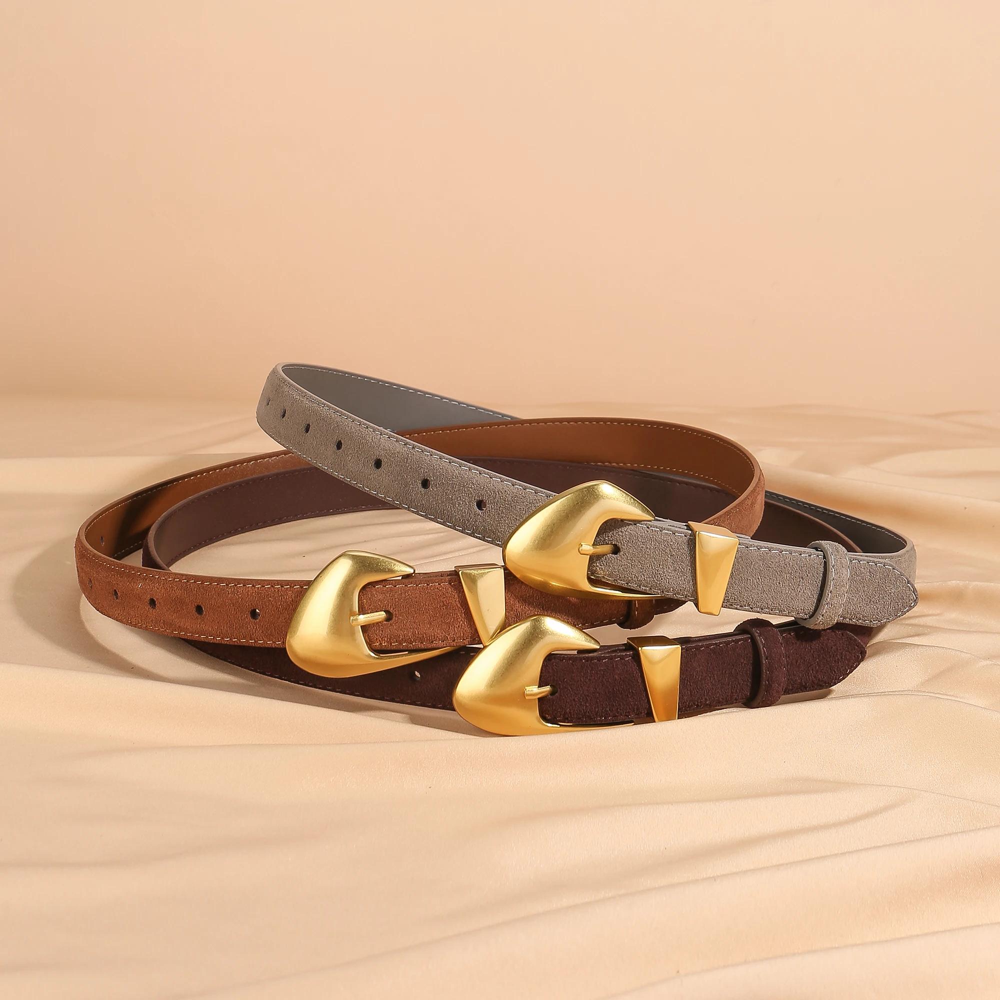 Ceinture de luxe en cuir de vache et daim pour femmes, Style Vintage avec boucle dorée, ceinture de
