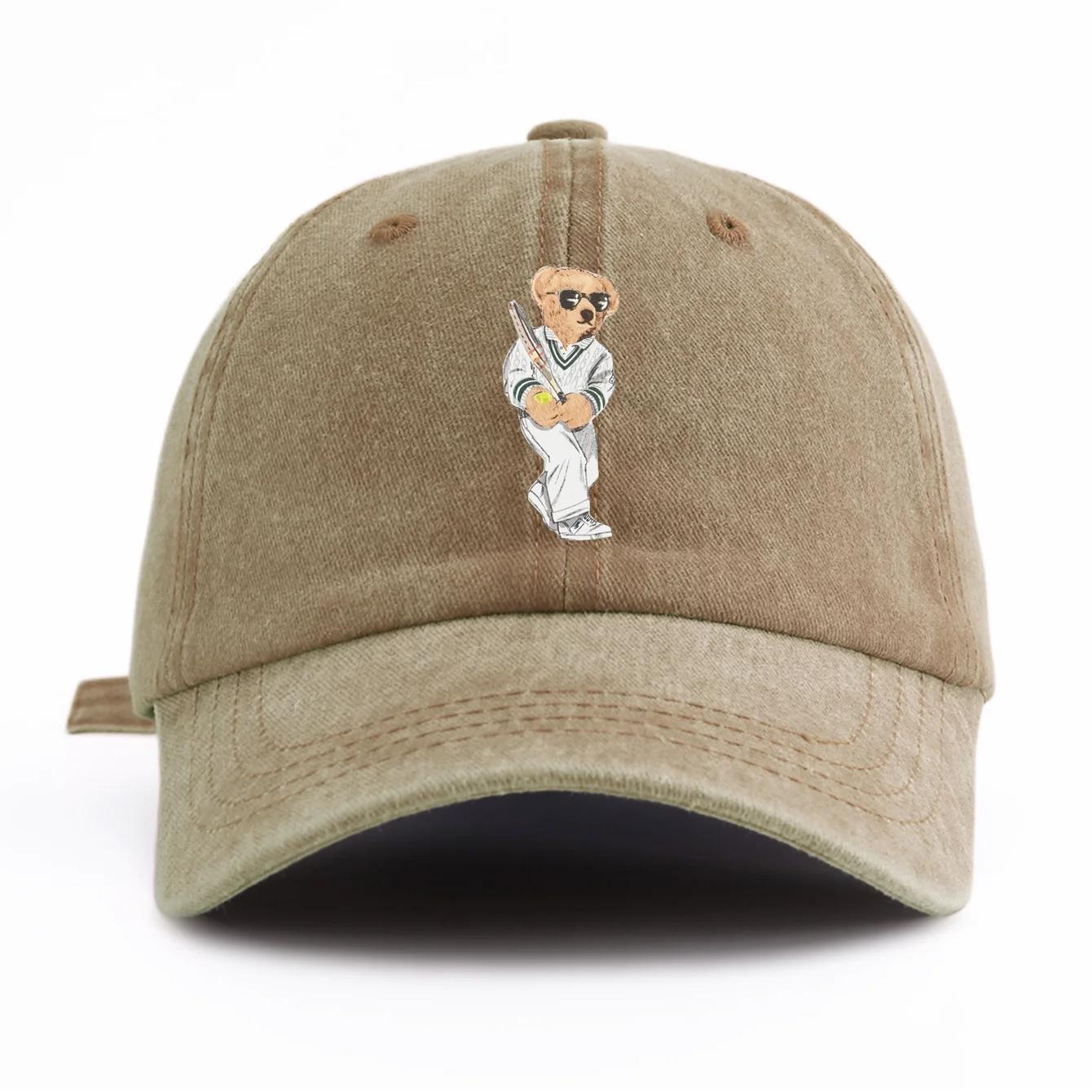 Casquette de baseball délavée à imprimé ours pour adultes, chapeau de papa réglable et doux, style r