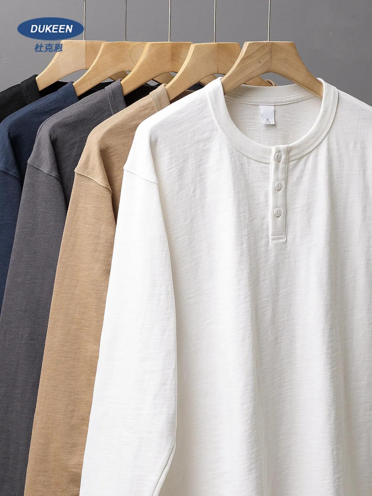 DUKEEN T-shirt à manches longues en coton lourd 320 g pour homme, style Henley, couleur unie, style
