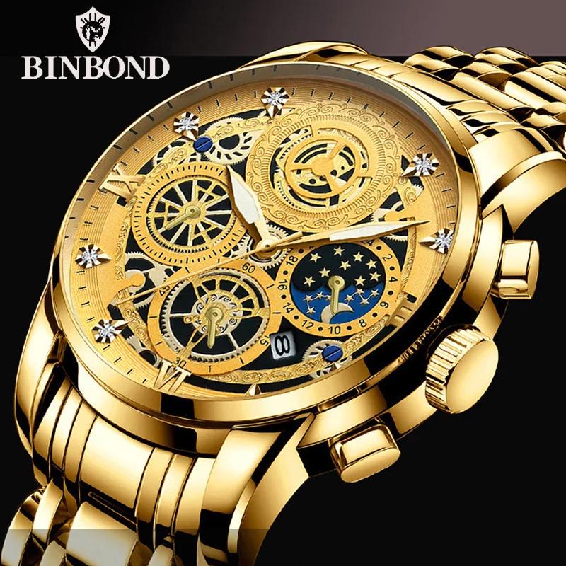 BINBOND luxe Quartz pour hommes montre bracelet en acier inoxydable cadran de luxe lumineux 30M étan