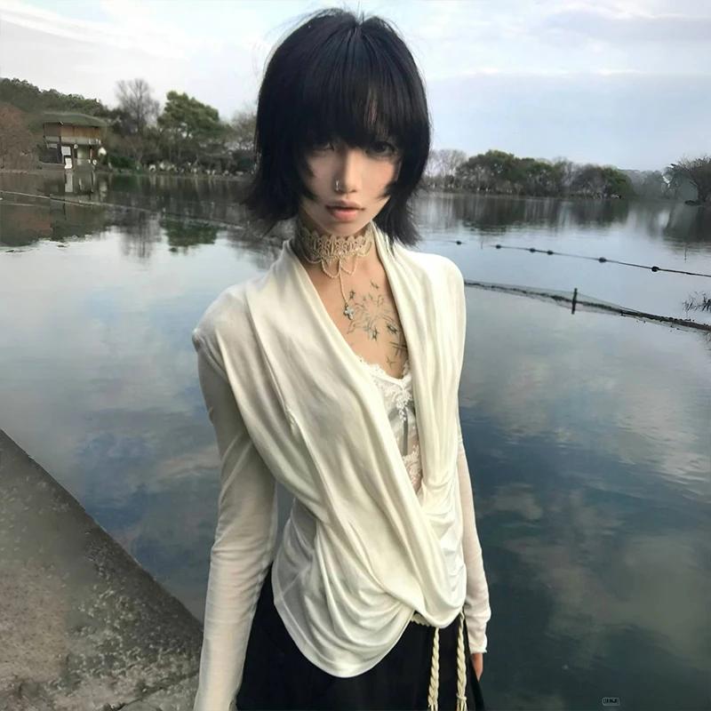 Karrram japonais Y2k croix hauts Trashy 2000s Style col en v à manches longues T-shirt Vintage Haraj