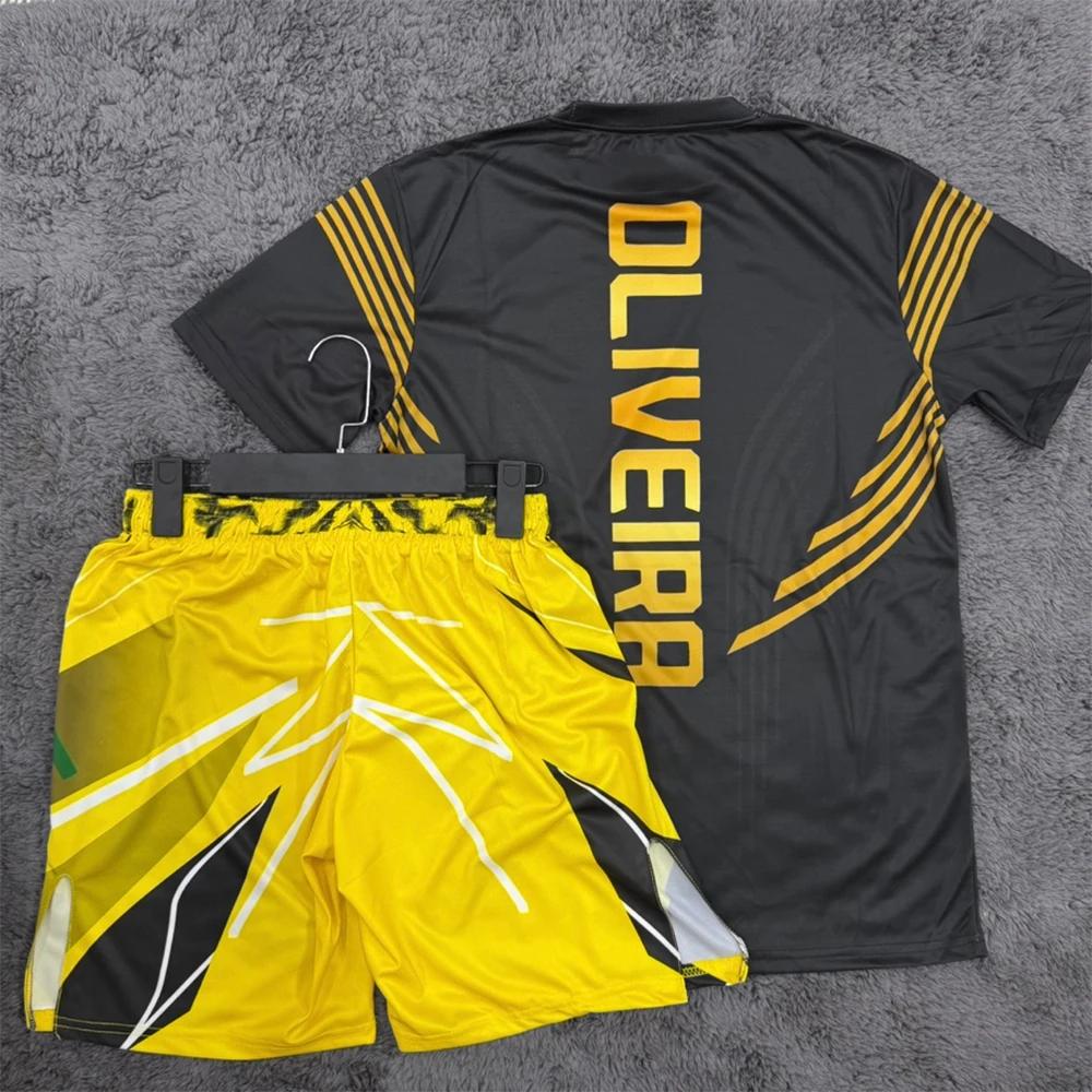 Ensemble de shorts et tee-shirt de combat MMA édition jaune Charles Oliveira pour homme, séchage rap